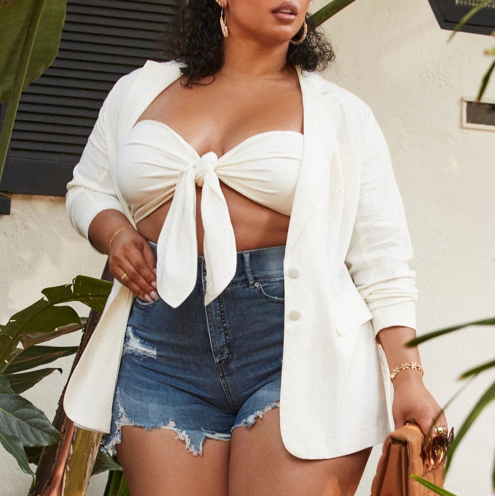 2 pc linen blazer with tie front bandeau